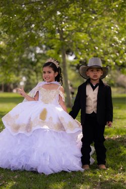 Girls White and Gold Ball Gown Dress