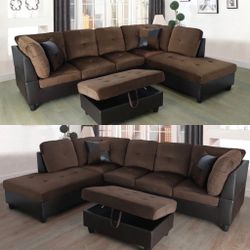 Brown Microfiber Sectional Couch And Ottoman 