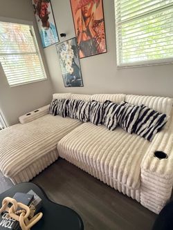 Modern Cream Corduroy Sectional with Bluetooth Speakers & Charging Station
