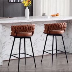  30inch Bar Stools Set of 2/Bar Height Bar Stools, 180° Swivel Suede Fabric Stool Chairs with Woven Back and Footrest for Kitchen Island, Cafe, Pub, B
