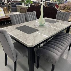 ✅️✅️ 5 pc Pascal black wood finish faux marble top dining table set grey fabric (Bench not included)✅️✅️