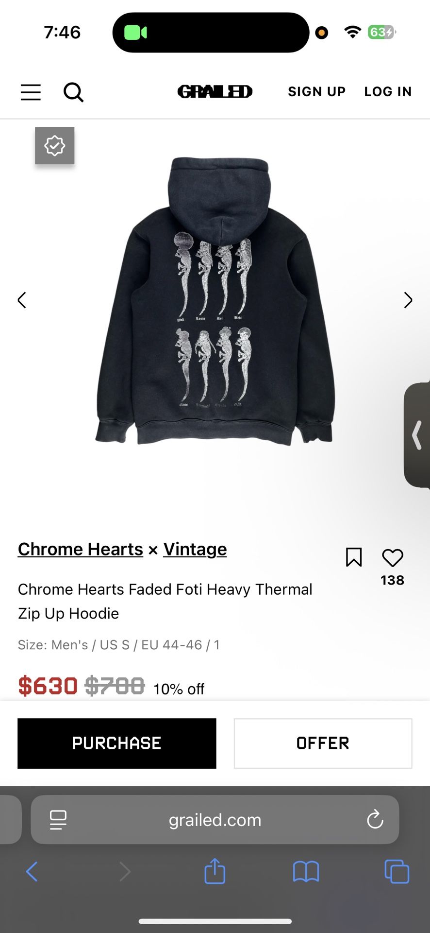 Chrome Heart Faded Foti Heavy Thermal Zip Up Hoodie