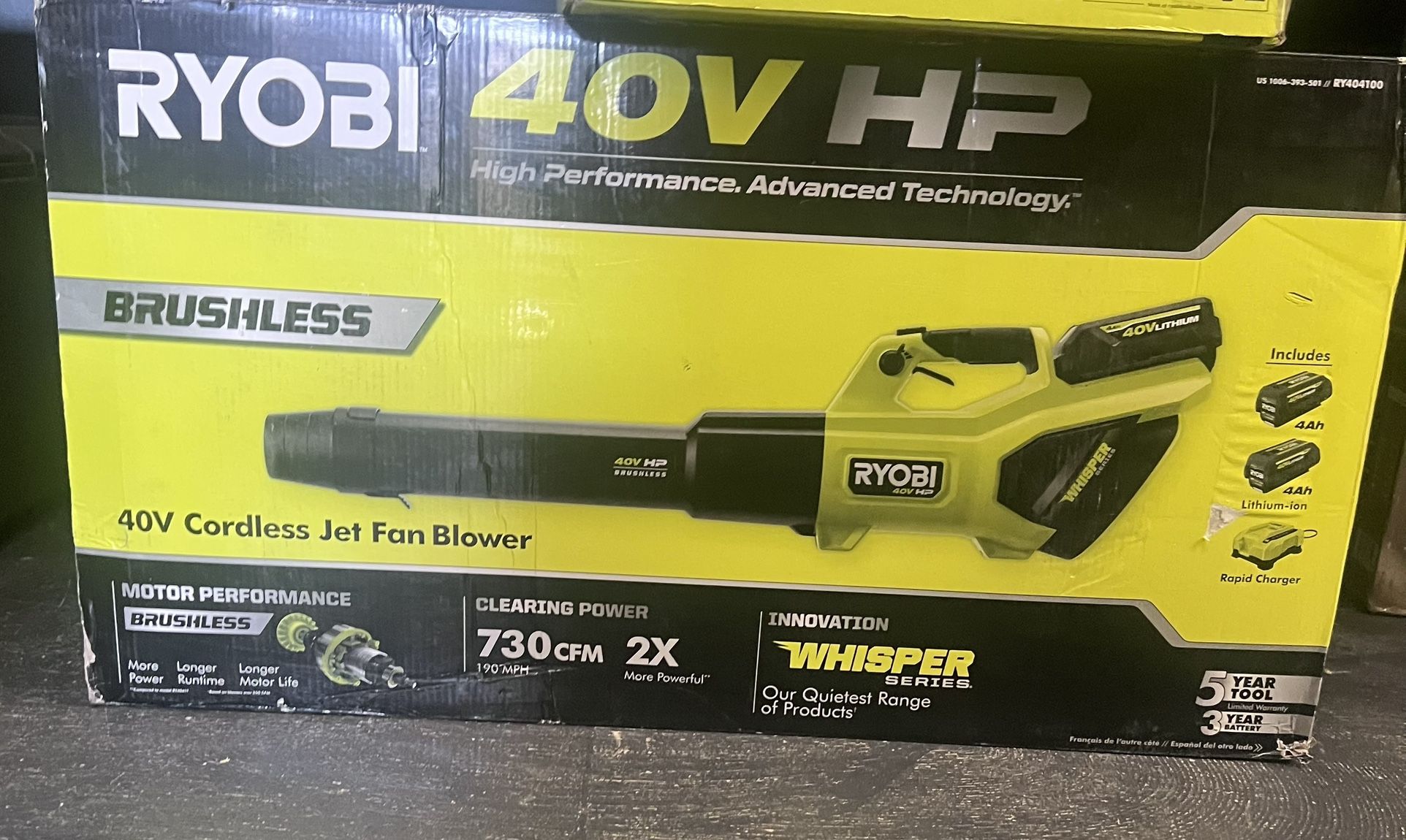 New RYOBI 40V HP Brushless Whisper Series 730 CFM Cordless Leaf Blower with (2) 4.0 Ah Batteries & Charger