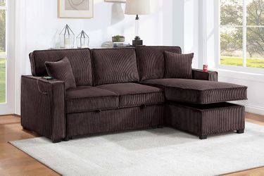 Sectional Convertible Bed Brown Corduroy fabric, USB Port, Reversible Storage chaise. New Especial price 