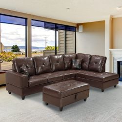 Brand new brown sectional sofa couch set with storage ottoman