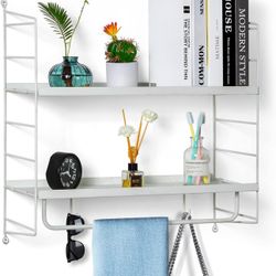 2 Tiers Multi-functional Wall Racks Floating Shelves , Wall Mounted Storage Shelves with Black Metal Frame and Towel Rack And Two Hooks for Bathroom, 