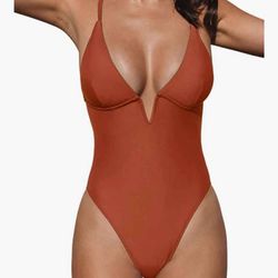 CUPSHE Women Swimsuit One Piece Bathing Suit Deep V Neck Crisscross Back Adjustable Strap. Size L