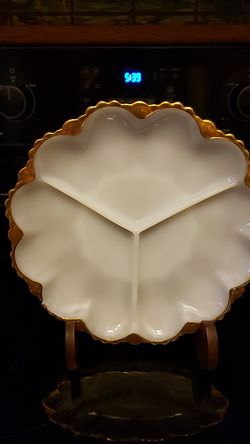 Vintage Milk Glass Divided Serving Dish Trimmed In Gold