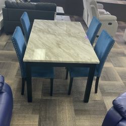 White Faux Marble Dining Table With 4 Blue Velvet Fabric Side Claire 