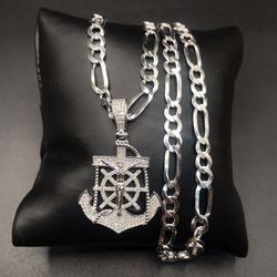 925 Sterling Silver 2.00CT Moissanite Anchor Cross Pendant Figaro Chain Men’s Necklace Size 24”