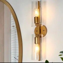 Uolfin Mid-Century Cylinder Bathroom Vanity Light 2-Light Transitional Brass Gold Tube Wall Light with Seeded Glass Shades
