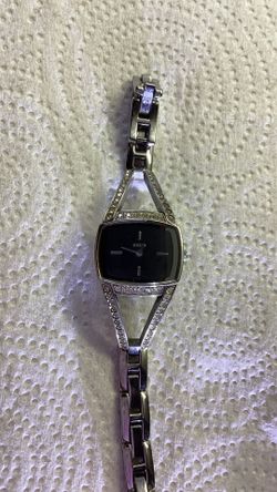 Watch - Ladies “Guess” Watch - Silver Bejeweled Band With Dark Face - Very Good Condition, Needs Battery 