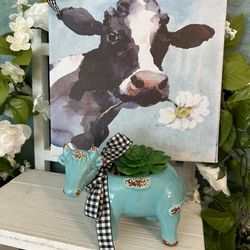 Farmhouse decor cow planter & cow canvas picture