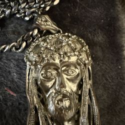 Thick Huge Sterling Steel Chain With Jesus Head Pendant 
