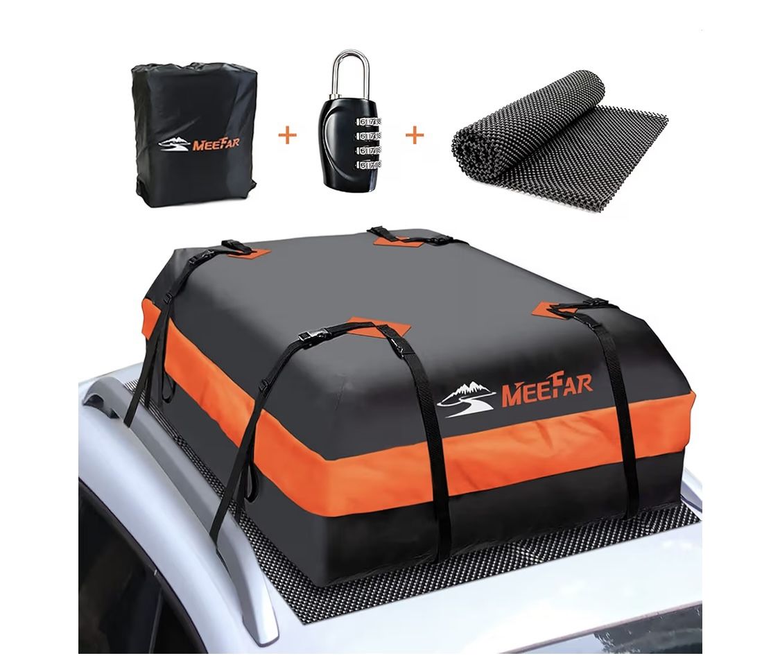 MeeFar Car Roof Bag XBEEK Rooftop top Cargo Carrier Bag Waterproof 15 Cubic feet for All Cars with/Without Rack, Includes Anti-Slip Mat, 8 Reinforced 