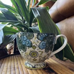 Anthropologie Kebaya Mandala Floral Footed Cup Mug Green Blue Marble Crackle Tea Coffee Boho Coastal