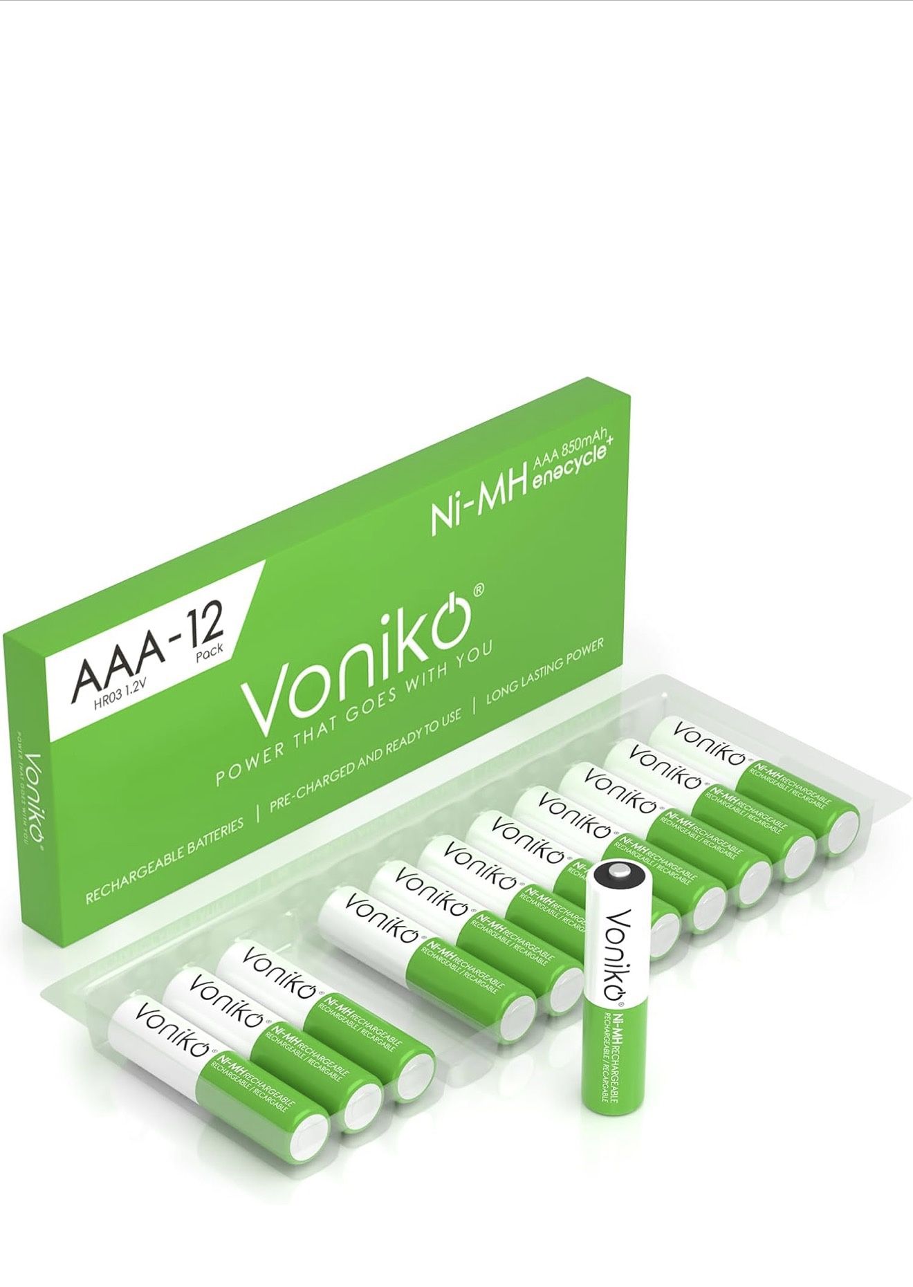Voniko Paquete de 12 baterías recargables AAA NiMH Enecycle Triple A, ultra largas, 850 mAh, recarga hasta 1000 veces, precargadas (1.2 V)