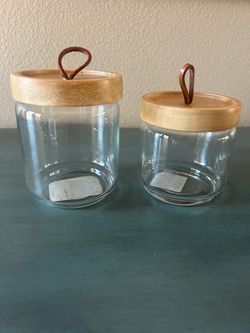 Glass Jars with Wood Lids and Leather Pull — Set of 2