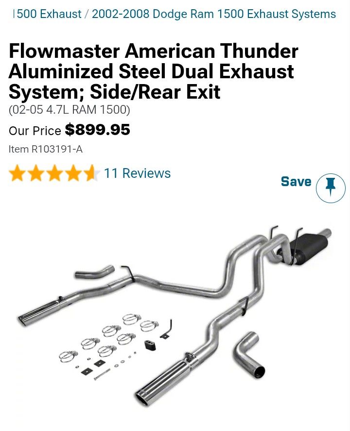 Flowmaster American Thunder Aluminized Steel Dual Exhaust System; Side/Rear Exit
(02-05 4.7L RAM 1500)