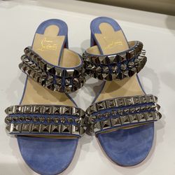Christian Louboutin Blue Tina Goes Mad 55 Studded Suede Slide Mules Heels Sandals