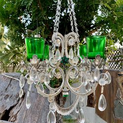 Hanging Candle Holder Chandelier With Vintage Green Glass Handmade Mobile (please read Description)