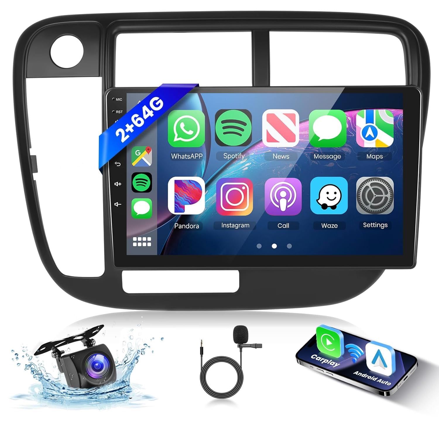 2G 64G Android Car Stereo for Honda Civic 1 Radio Carplay Wireless Android Auto, Hodozzy 9 inch Touch Screen with GPS/WiFi/Bluetooth, FM RDS,