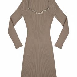 New Ribbed Knit Beige Pearl Square Neck Long Sleeve Dress - Perfect for Holidays Size M