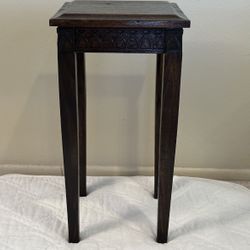 Antique Sturdy Solid Wood Dark Walnut Ornate Side Table Plant Statue Stand