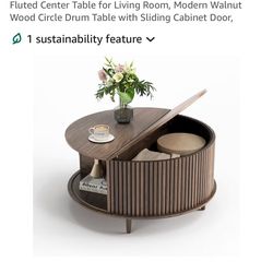 Round Coffee Table with Storage, Mid Century Walnut 31.5" Fluted Center Table, Modern Walnut Wood Circle Drum Table with Sliding Cabinet Door,