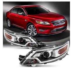 Taurus Halogen Replacement Head Light, Driver and Passenger Side,Pair Chrome Housing Amber Side Headlights Assembly Compatible 2010 2011 2012 Ford