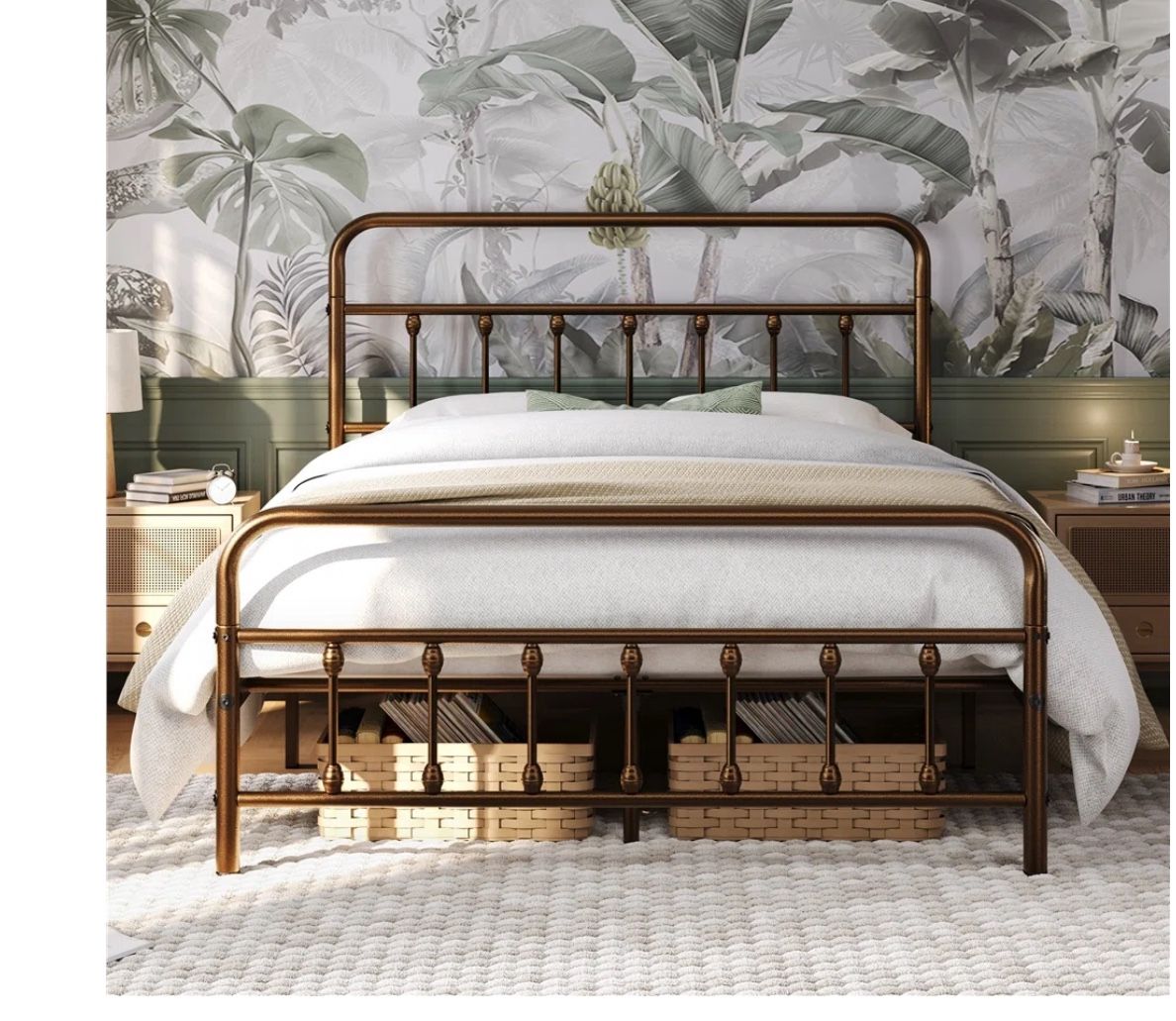 Classic Iron Platform Bed with High Headboard and Footboard brown full size  Bronze