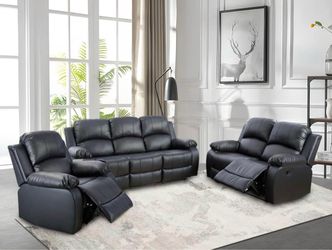 Black leather fully reclining three piece couch set