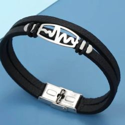 Men's Sleek Hip-Hop Style Bracelet with Stainless Steel Heartbeat Design & Faux Leather Cuff -