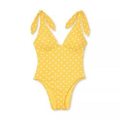 New Women's Shoulder Tie Ribbed One Piece Swimsuit - Shade & Shore™ Yellow Polka Dot Print