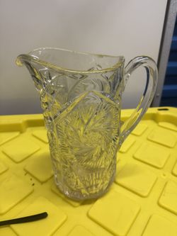 VINTAGE ANTIQUE PRESSED CLEAR GLASS HOBSTAR ARCHES WATER PITCHER TUMBLER  Big
