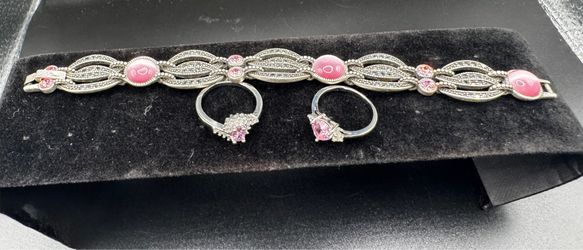 (2) Silver Pink CZ Stone Rings with Silver and Pink Stone Bracelet
