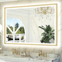 60x40 LED Bathroom Mirror with Lights Gold Frame Frontlit & Backlit Lighted Vanity Mirror Baroque Anti Fog Dimmable White/Warm/ Natural, CRI90+,Waterp