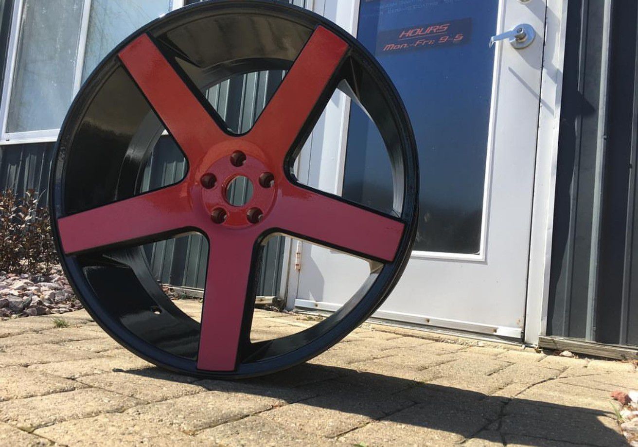 24 inch Rims Tires Powdercoated Red for Sale They currently have a yellow vinyl wrap on them.