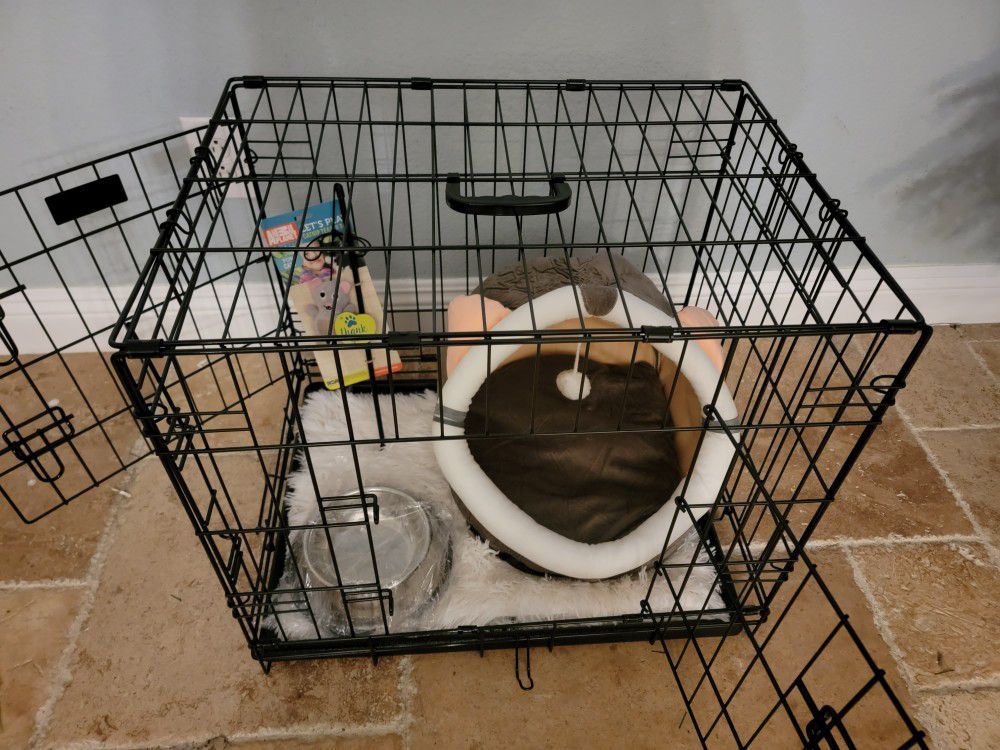 New 24" Dog Crate 2 Door Cat Cage Up To 25lbs With Black Bottom Tray Foldable Puppy Kennel Add A Bed $10/ Crate , Bed & 2 Bowls  $55! All New 