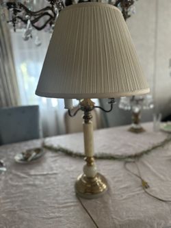 RARE Antique White & Gold Marble and Brass Lamps 29” Tall - Set of 2