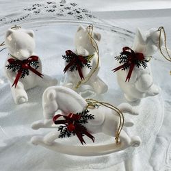 Vintage 1990s White Ceramic Christmas Ornaments Set of 4 Bear Duck RockingHorse
