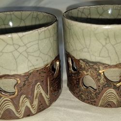 Set Of Two Somayaki Soma Ware Double Walled Tea Cups Candle Holder Lotus Green Crackle L5V032