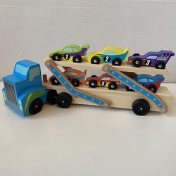 Melissa and Doug Wood Mega Race Car Carrier Tow Truck | Toddler Preschooler Kids