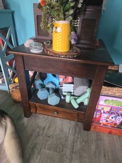 Real Dark Wood End Table with Shelf and Drawer