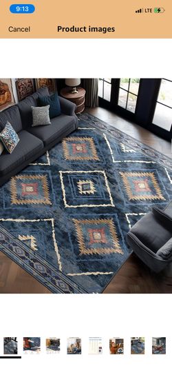 Area Rug 8x10 Rug Machine Washable Non-Slip Low Pile Print Pattern Western Rug for Living Room Bedroom Entryway Tribal Series -Darkblue New