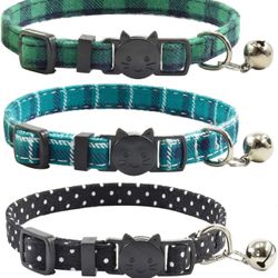 Breakaway cat Collars with Bell, Set of 3, Durable & Safe Cute Kitten Collars Safety Adjustable Kitty Collar for Cat Puppy 7.5-11in (Green,Cyan,Black)