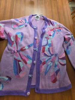 Storybook Knits Cardigan Sweater Purple Dragonflies 1x Vintage