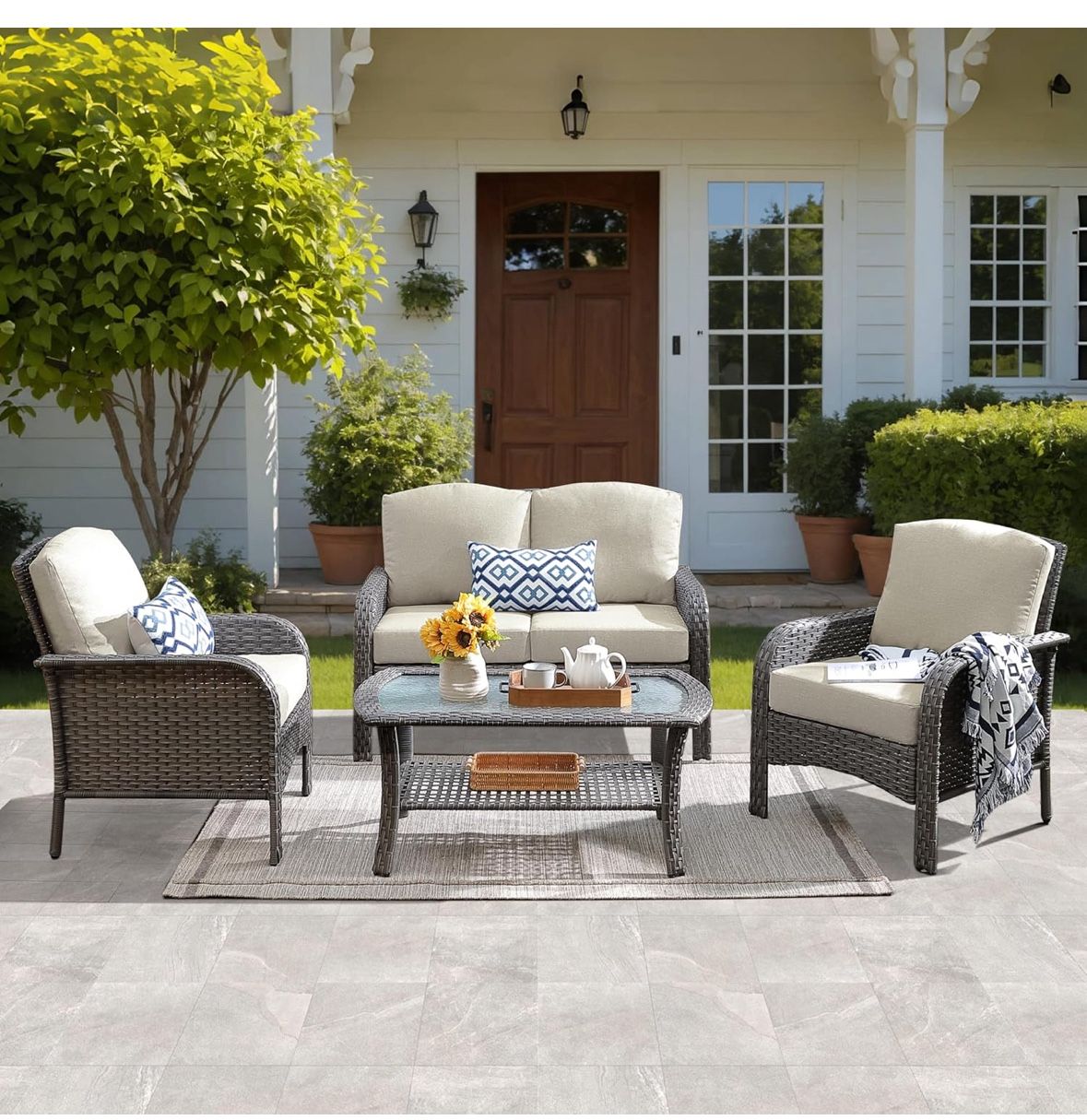 New Open Box Ovios 4 Piece Patio Rattan Furniture Set