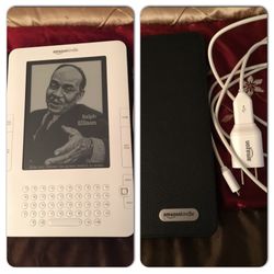 White Amazon Kindle Electronic Reader with Black Leather Case and Charger