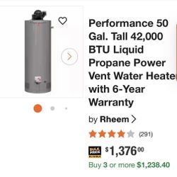 Rheem Performance 50 Gallon Tall 42,000 BTU Liquid Propane Power Vent Water Heater